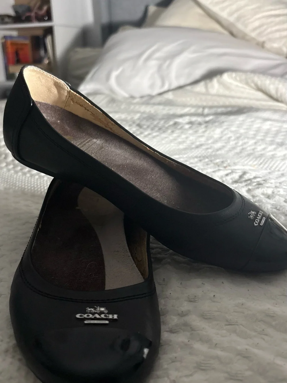 Coach Black Leather Cap-Toe Ballet Flats with Logo